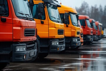 Row of colorful trucks parked in line on rainy day