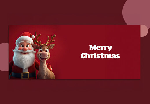 Merry Christmas Festival Banner with 3D Cartoon Santa Claus Hugging Reindeer and Gift Boxes on Red Background.