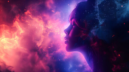 Beautiful fantasy abstract portrait of a beautiful woman double exposure with a colorful digital paint splash or space nebula