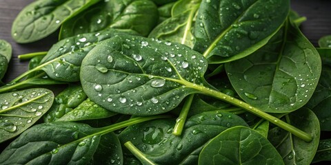 Leafy Greens A vibrant of dark green spinach leaves glistening with fresh droplets of water ready to add nutrients and a vibrant color to the smoothie.