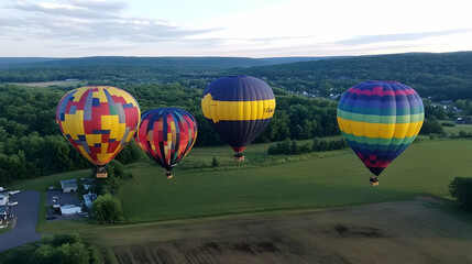 Obraz premium Four colorful hot air balloons flying over green fields and forests.