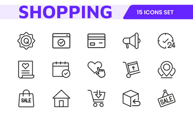 Shopping Icon Set. Vibrant and engaging icons for enhancing e-commerce platforms, perfect for product listings, cart management, and checkout processes to elevate the online shopping experience.