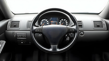 Black Leather Steering Wheel in Car Interior - Photo