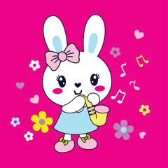 Obraz premium Adorable bunny vector illustration surrounded by colorful flowers and tiny insects in a playful, nature-inspired design. 