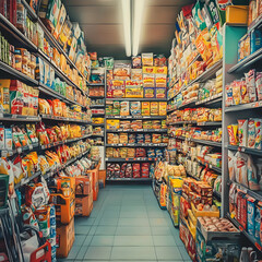Naklejka premium Illustration - Supermarket Aisle Filled with Colorful Snack Packages
