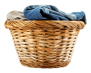 Obraz premium A woven basket filled with folded clothing, commonly used for laundry or storage.
