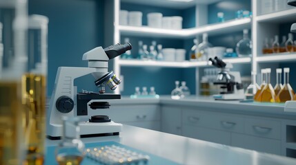 A modern laboratory setting with microscopes and glassware for scientific research.