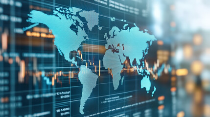 A digital representation of a global financial market, featuring a world map overlayed with stock charts and data graphs.
