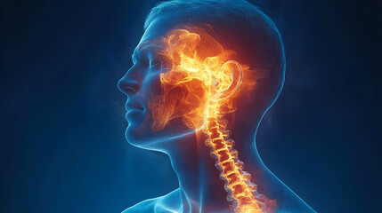 3D Illustration of Human Head and Spine with Glowing Brain