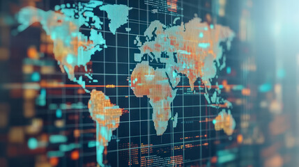 A digital world map displays glowing geographic regions and data patterns, highlighting global connectivity and information networks on a dynamic grid background.