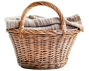 Obraz premium A woven basket containing a folded blanket, ideal for picnics or storage.
