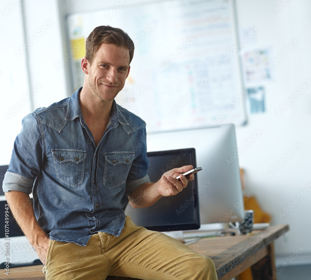 Poster business man, portrait and phone for communication, text message and client networking with confiden