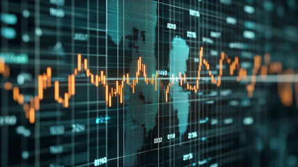 A digital graph displaying fluctuating financial data on a screen, with numbers and grid lines, indicating stock market trends and global economic analysis.