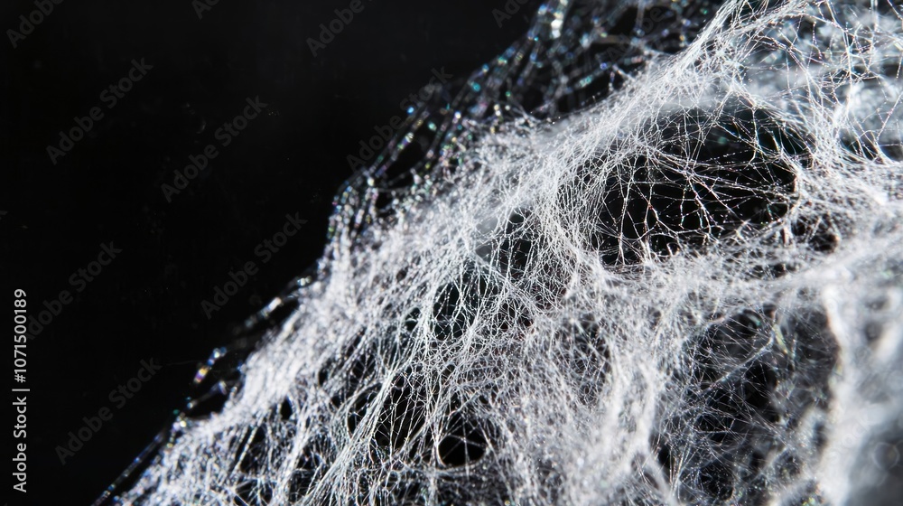 Wall mural close-up of a delicate spider web with intricate patterns against a dark background.