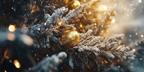 Snowdusted Christmas tree adorned with twinkling lights, set against wintery backdrop, evoking festive holiday spirit.