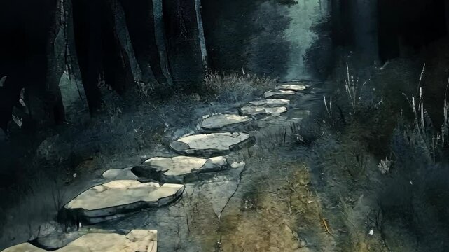A stone path leads through a dark forest