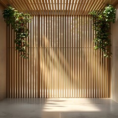 Obraz premium A serene interior space with wooden slats and hanging plants, creating a tranquil atmosphere.