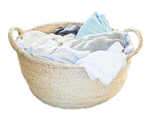 A woven basket filled with assorted laundry, ready for washing or folding.