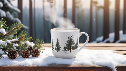A steaming cup of hot coffee sits on a snowy wooden table with pine branches and Christmas tree and ornaments decorations background.