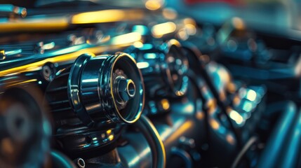 Close-up of a shiny, black car engine with a blurred background.