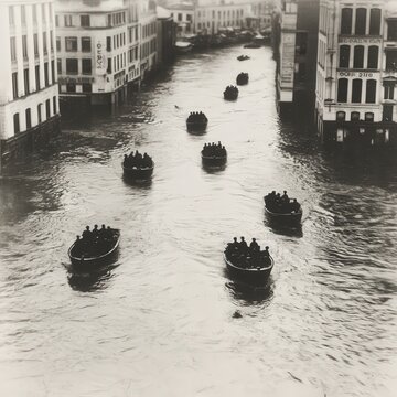 Fototapeta Boats navigate a narrow channel in a city.