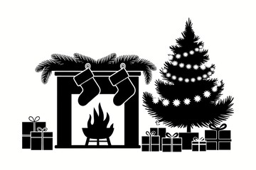 Christmas Celebration: Tree, Gifts, and Fireplace Silhouette Illustration
