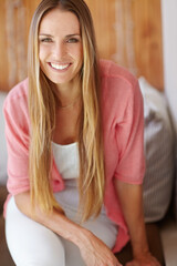 Naklejka premium Smile, relax and portrait of woman on patio in cafe with casual weekend fashion, confidence and pride. Happy, face and female person on restaurant terrace with calm morning style, fun and outdoor fun