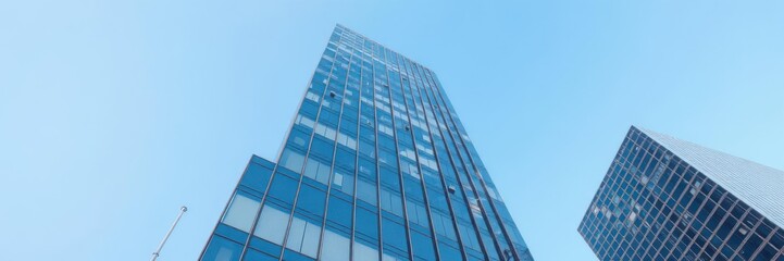 Reflection of sleek, glass facade on contemporary corporate skyscraper against clear blue sky, office building, modern