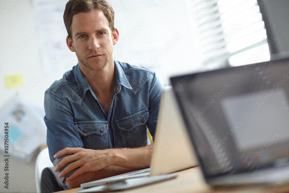 Poster creative, laptop and confident portrait of man in office with pride, trust and online planning at di