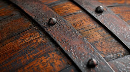 Close-up of a rustic wooden barrel with metal bands and rivets.