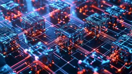 Obraz premium Cybersecurity Fortress: Abstract 3D Render with Geometric Shapes and Glowing Data Streams