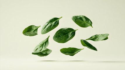 Naklejka premium Fresh green spinach leaves floating in mid-air against a white background.