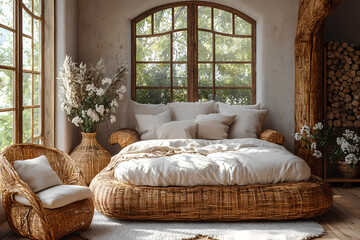 The bedroom has rattan furniture and a blank wall for mockups