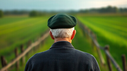 Elderly man reflects on life while strolling through lush green fields in tranquil countryside