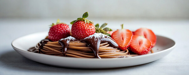 Decadent chocolate noodle dessert with fresh strawberries for a delightful treat