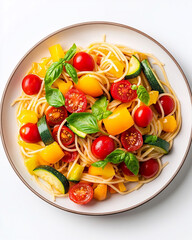 Delicious and colorful pasta salad with fresh vegetables and herbs for a healthy meal