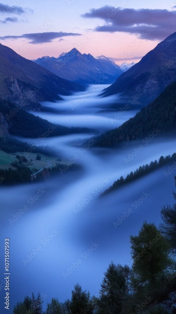 Poster A mountain range with a river flowing through it