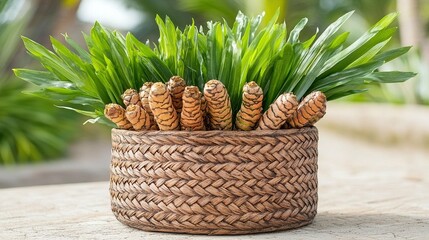 Fresh turmeric roots and leaves in a wicker basket.