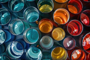 A close-up shot of colorful glass cylinders, arranged in a pattern with a gradient of color, with a reflection of the surrounding environment on the surface of each cylinder.