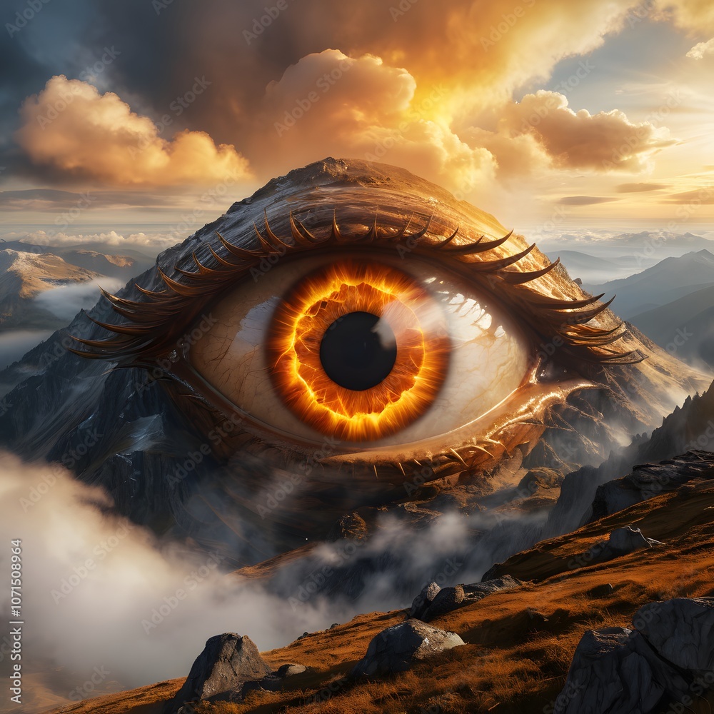 Aufkleber a majestic colossal eye emerging from the mountainside radiating fiery golden light surrounded by mi