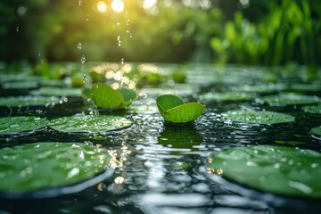 Fototapeta premium Water Droplets Falling on Lily Pads in a Pond