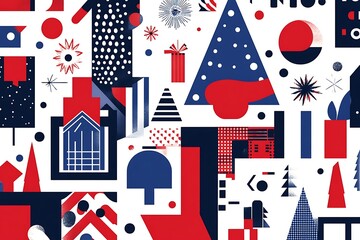 Fototapeta premium Holiday Seamless Pattern with Christmas symbols. Xmas winter poster collection. Merry Christmas, Happy New Year seamless pattern holly leaves and berries for greeting cards, wrapping papers.