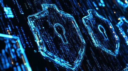 Illuminated Cybersecurity Matrix - A Futuristic 3D Network of Digital Shields and Data Streams on Dark Background