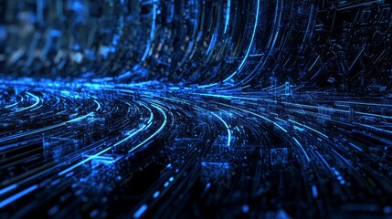 Fototapeta premium Cybersecurity Evolution - Abstract Digital Network 3D Render with Swirling Lines and Icons