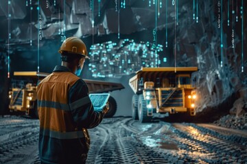open pit man using tablet controlling dumper trucks online wireless system connection coal mine production opencast stone quarry background rear, futuristic style, binary code around