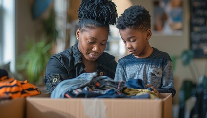 Obraz premium Mother and son sorting clothes and packing into cardboard box. 