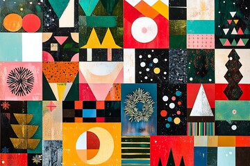 Obraz premium Christmas symbols. Merry Christmas. Christmas abstract geometric background with simple shapes, celebration symbol, holiday food. Creative modern art. Bauhaus style Merry Christmas poster.