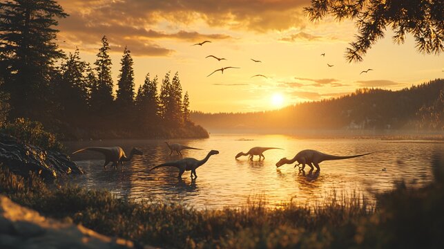 A pack of troodon dinosaurs scavenge near a lake at sunset showcasing nature's ancient wonders