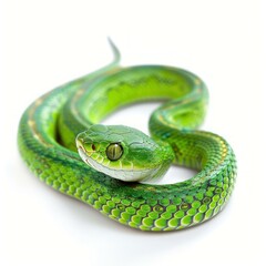 Fototapeta premium Bright green snake is coiled up on a white background