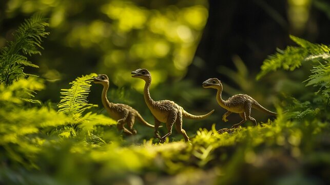 Compsognathus dinosaurs gracefully dash through lush ferns and dense bushes in a lively prehistoric scene